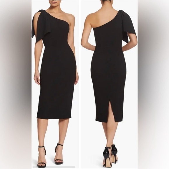 NWOT DRESS THE POPULATION Tiffany One-Shoulder Midi Dress Black L - Picture 1 of 6